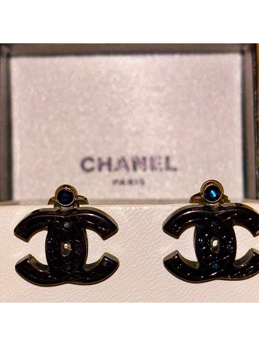 CHANEL Blue Crystal Logo Earrings - Authentic- with Box/Bag - Picture 5 of 13